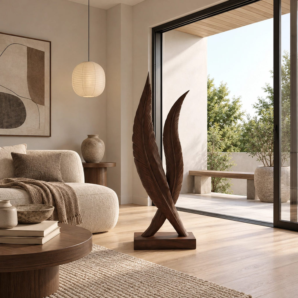 Scandinavian Solid Wood Sculpture With Twin Flame Blades For Home Office