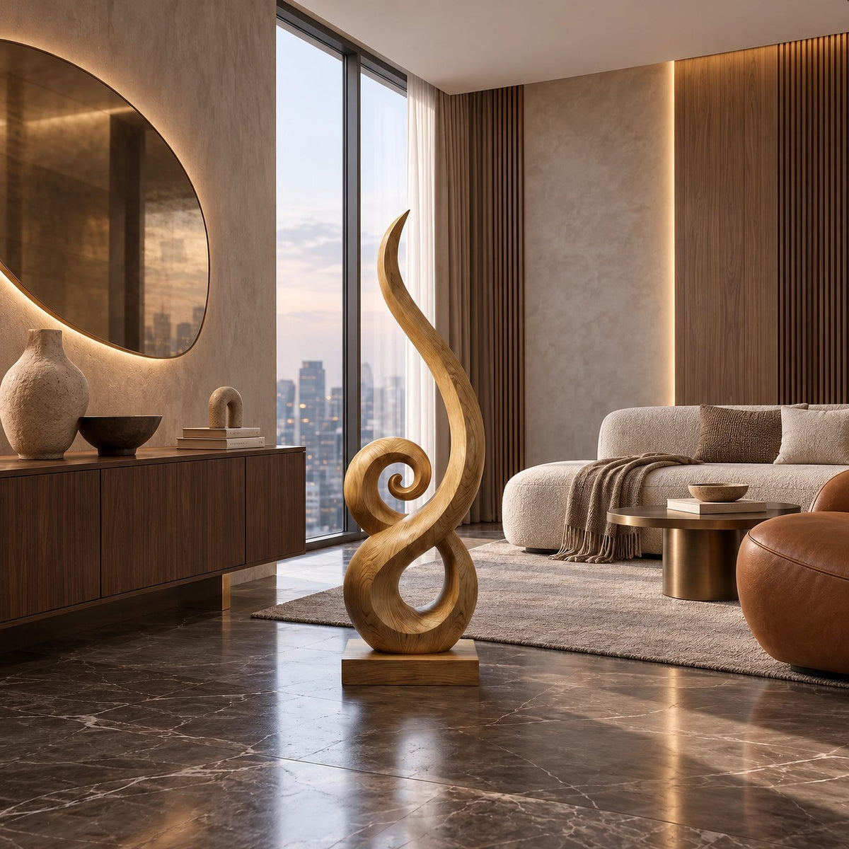 Organic Solid Wood Sculpture With Coiled Spiral Swirl For Living Room