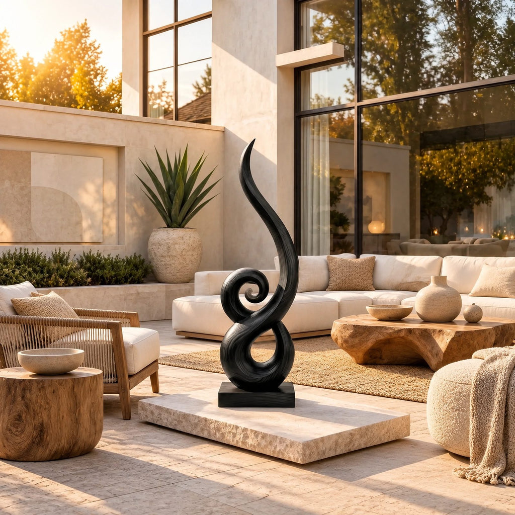 Organic Solid Wood Sculpture With Coiled Spiral Swirl For Living Room