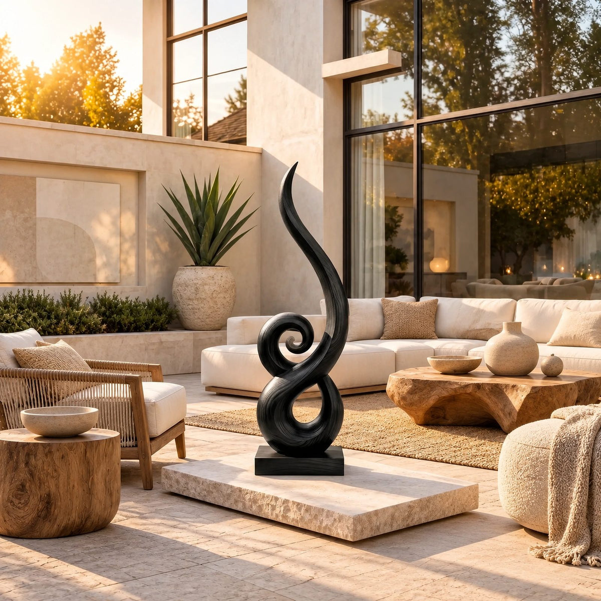 Organic Solid Wood Sculpture With Coiled Spiral Swirl For Living Room