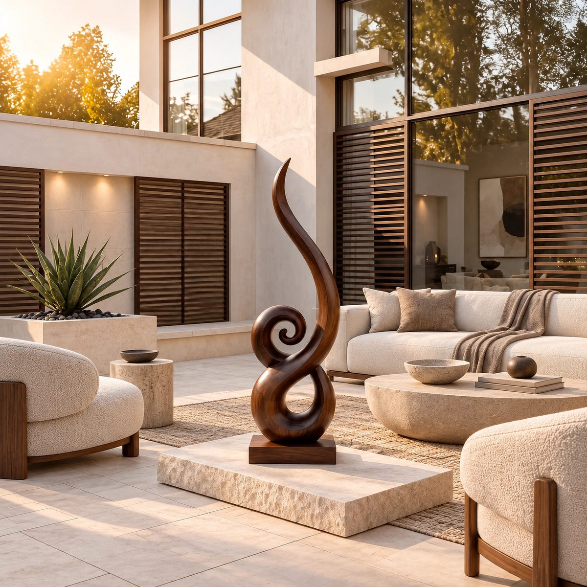 Organic Solid Wood Sculpture With Coiled Spiral Swirl For Living Room
