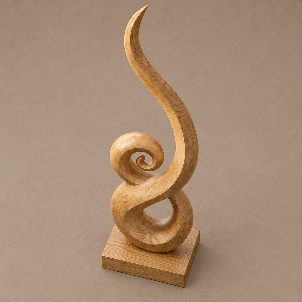 Organic Solid Wood Sculpture With Coiled Spiral Swirl For Living Room