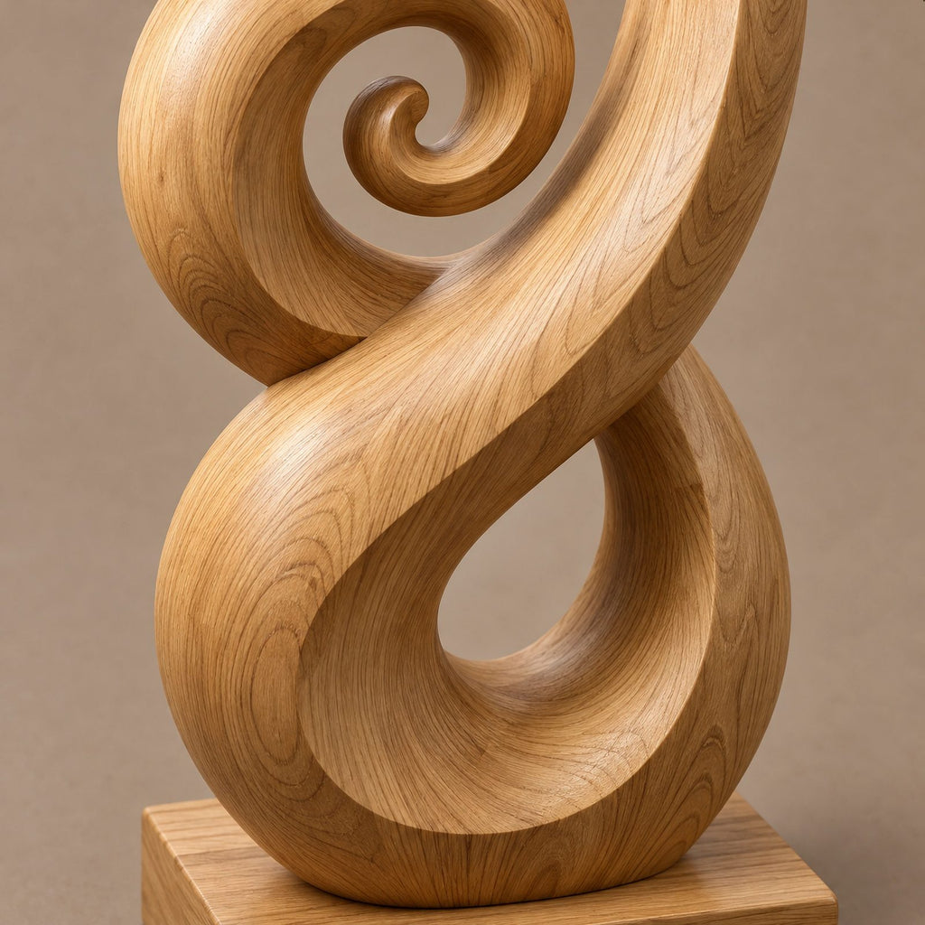 Organic Solid Wood Sculpture With Coiled Spiral Swirl For Living Room