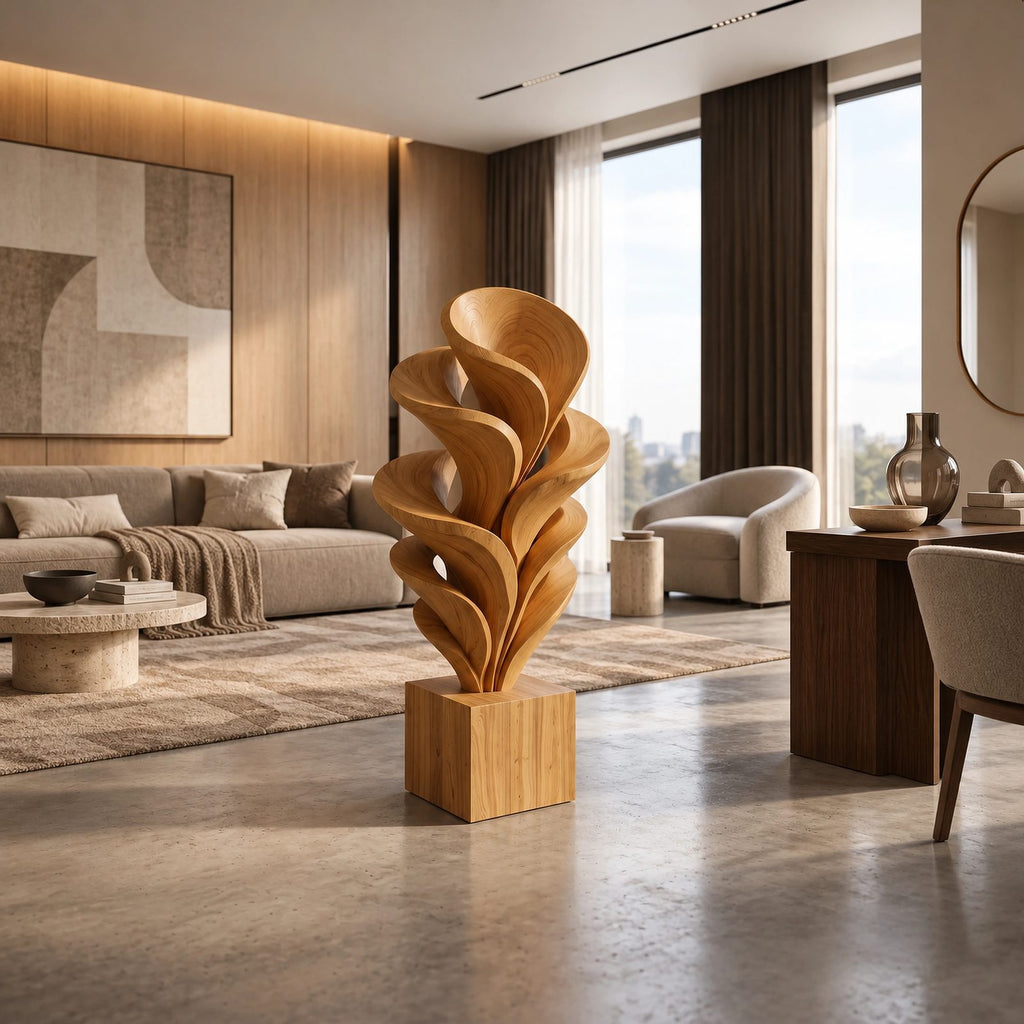 Modern Solid Wood Sculpture With Fanned Flame Fronds For Entryway