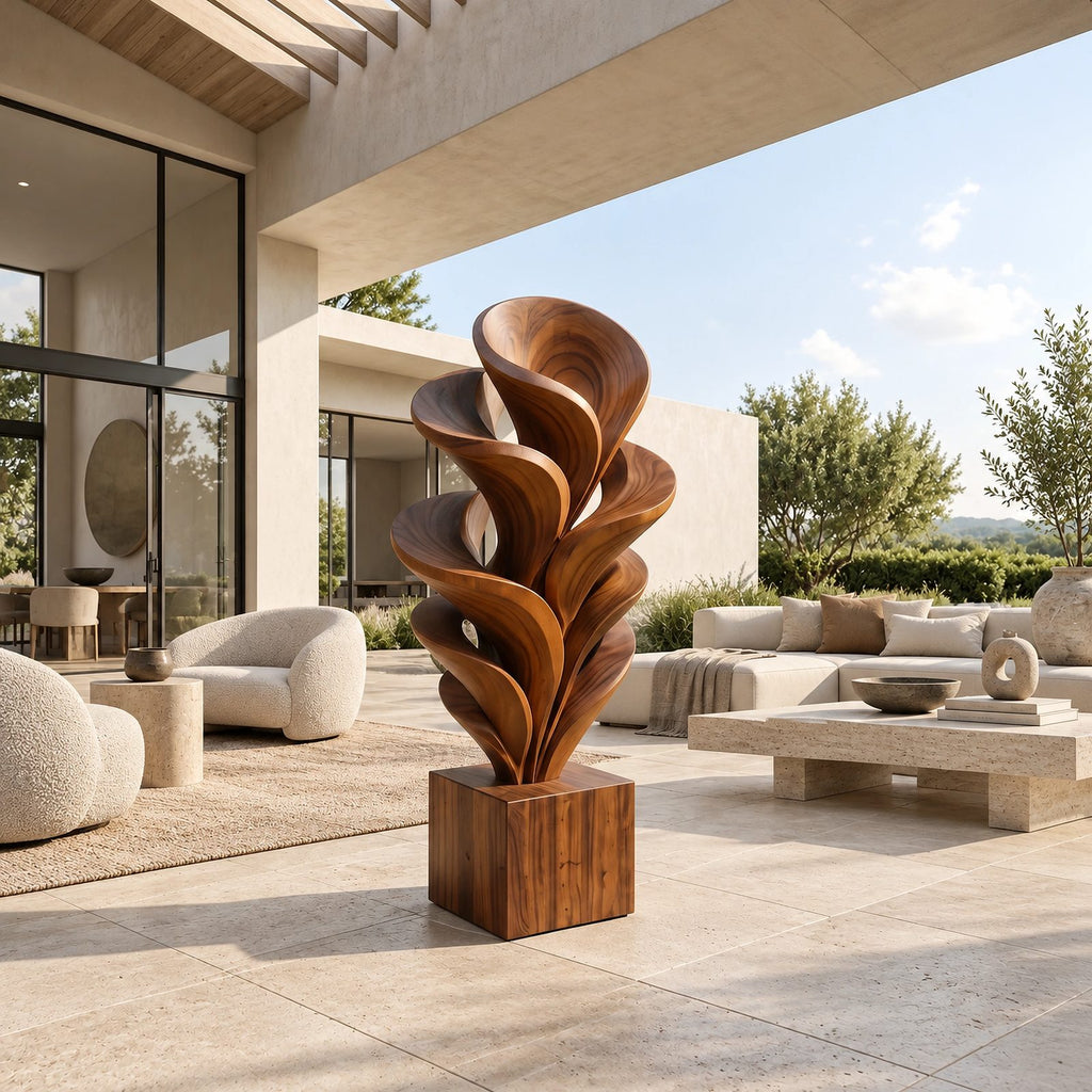 Modern Solid Wood Sculpture With Fanned Flame Fronds For Entryway