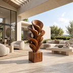 Modern Solid Wood Sculpture With Fanned Flame Fronds For Entryway