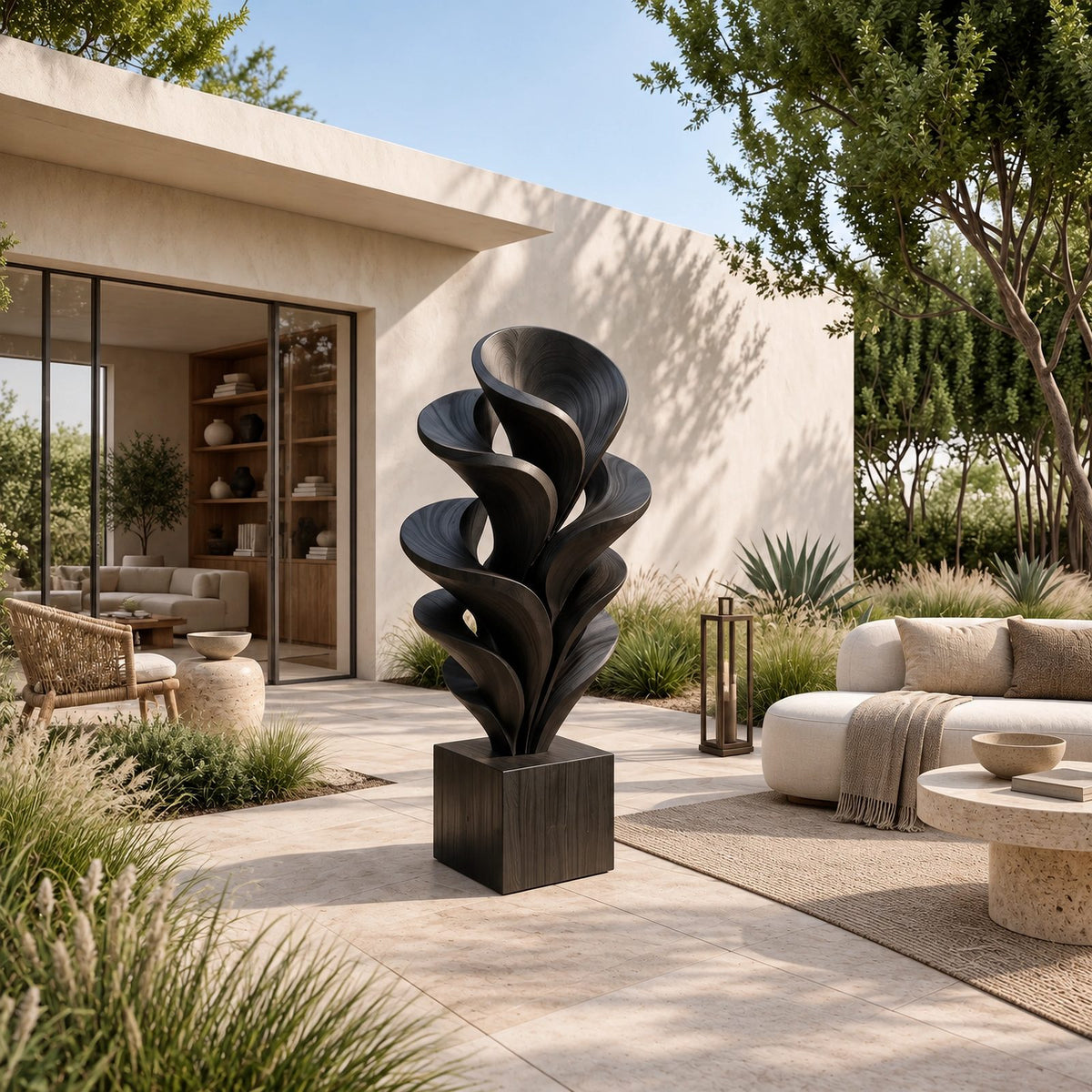 Modern Solid Wood Sculpture With Fanned Flame Fronds For Entryway