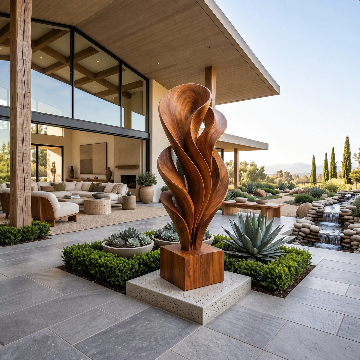 Rustic Solid Wood Sculpture With Rising Flame Fan For Hallway