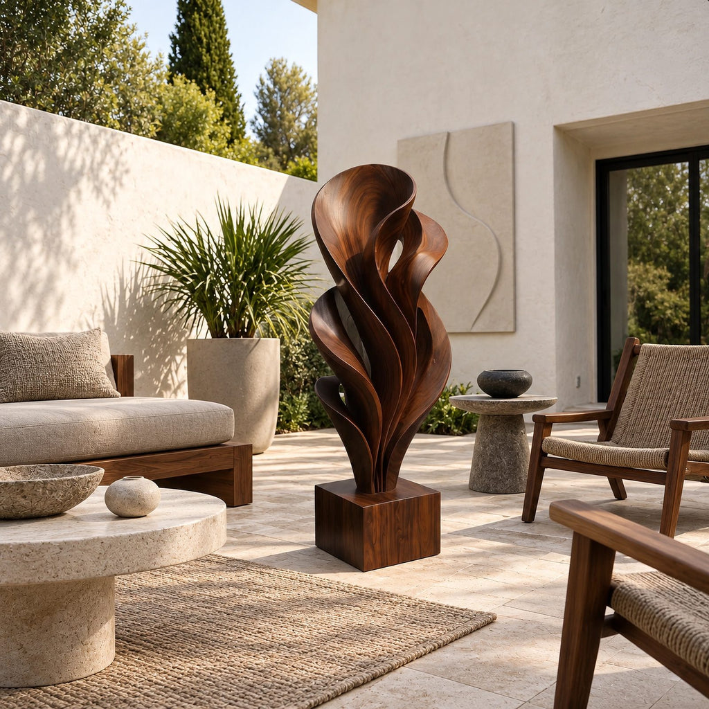Rustic Solid Wood Sculpture With Rising Flame Fan For Hallway