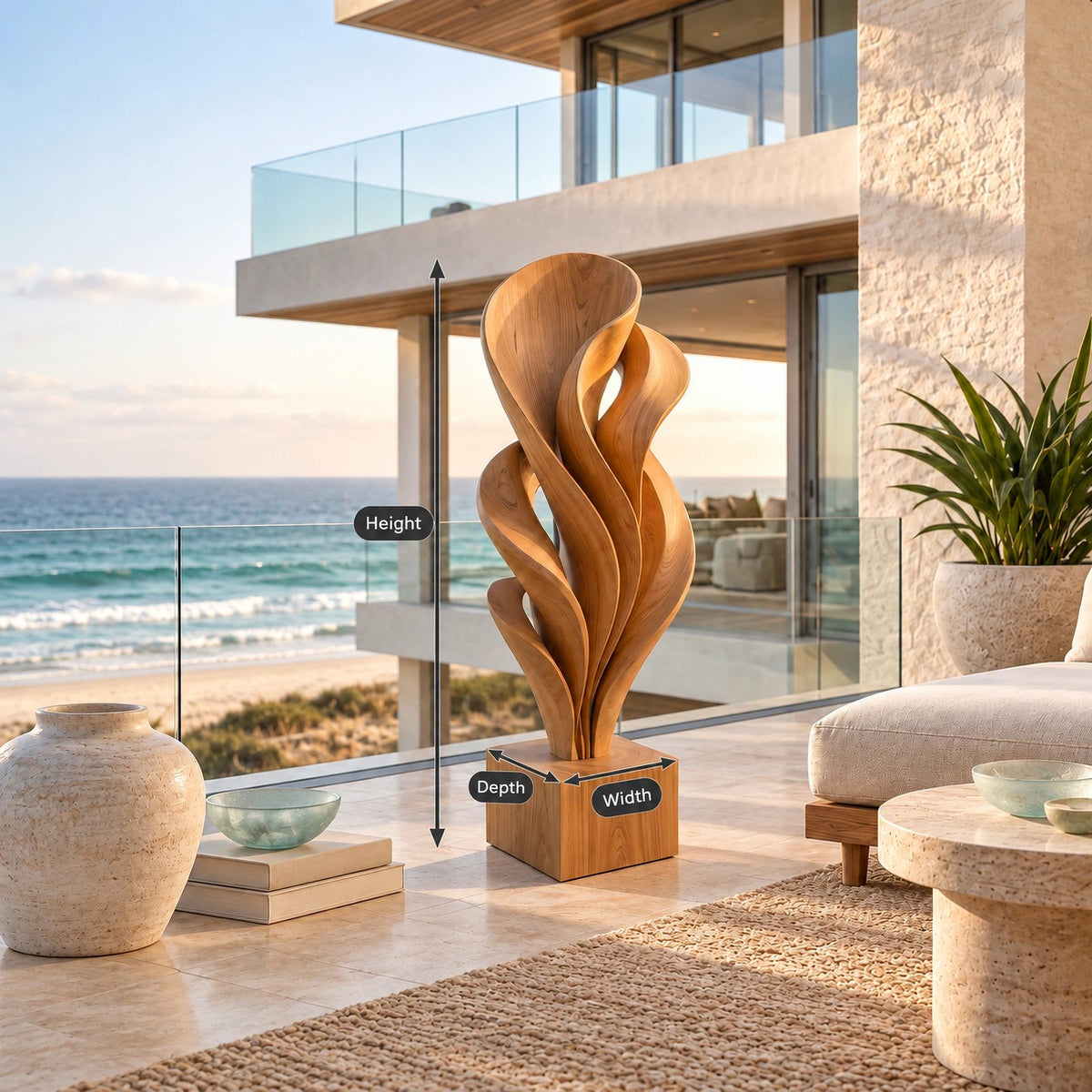 Rustic Solid Wood Sculpture With Rising Flame Fan For Hallway