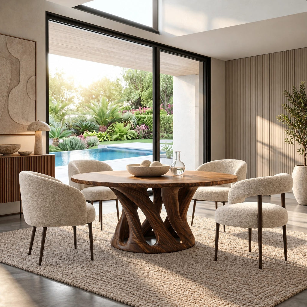 Sculptural Round Dining Table With Carved Pedestal Base For Dining Room