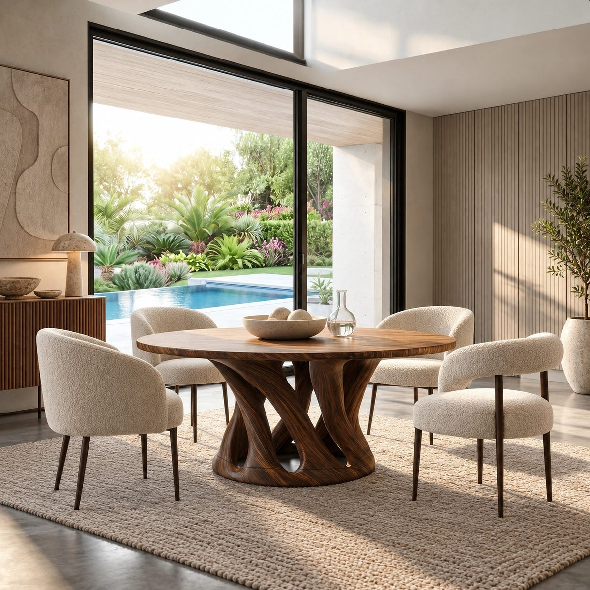 Sculptural Round Dining Table With Carved Pedestal Base For Dining Room