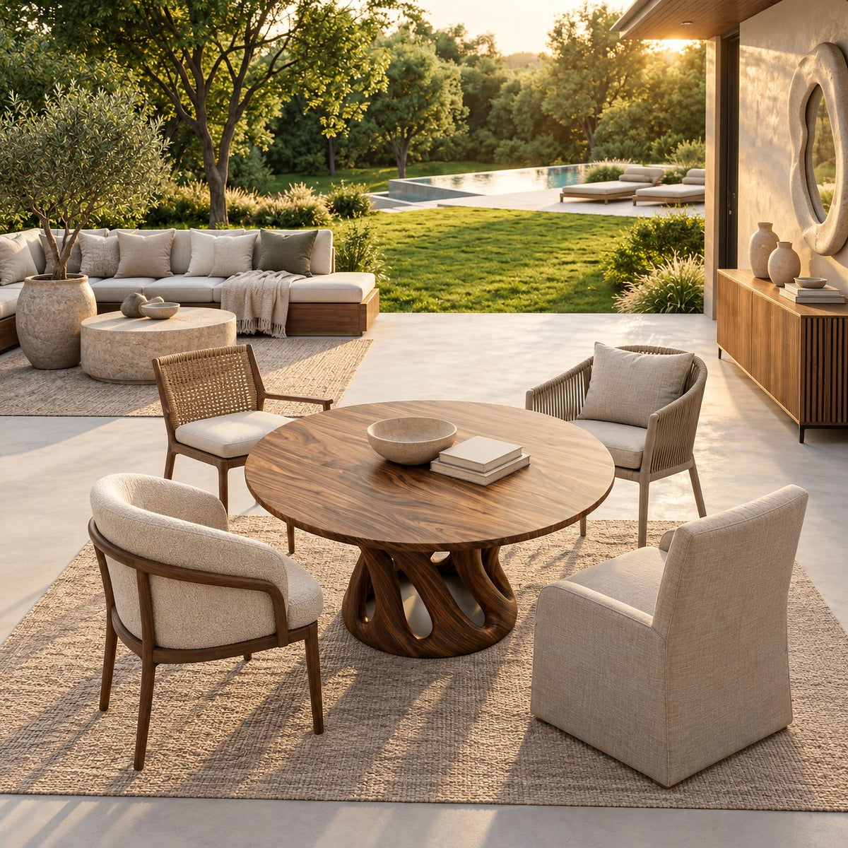 Sculptural Round Dining Table With Carved Pedestal Base For Dining Room