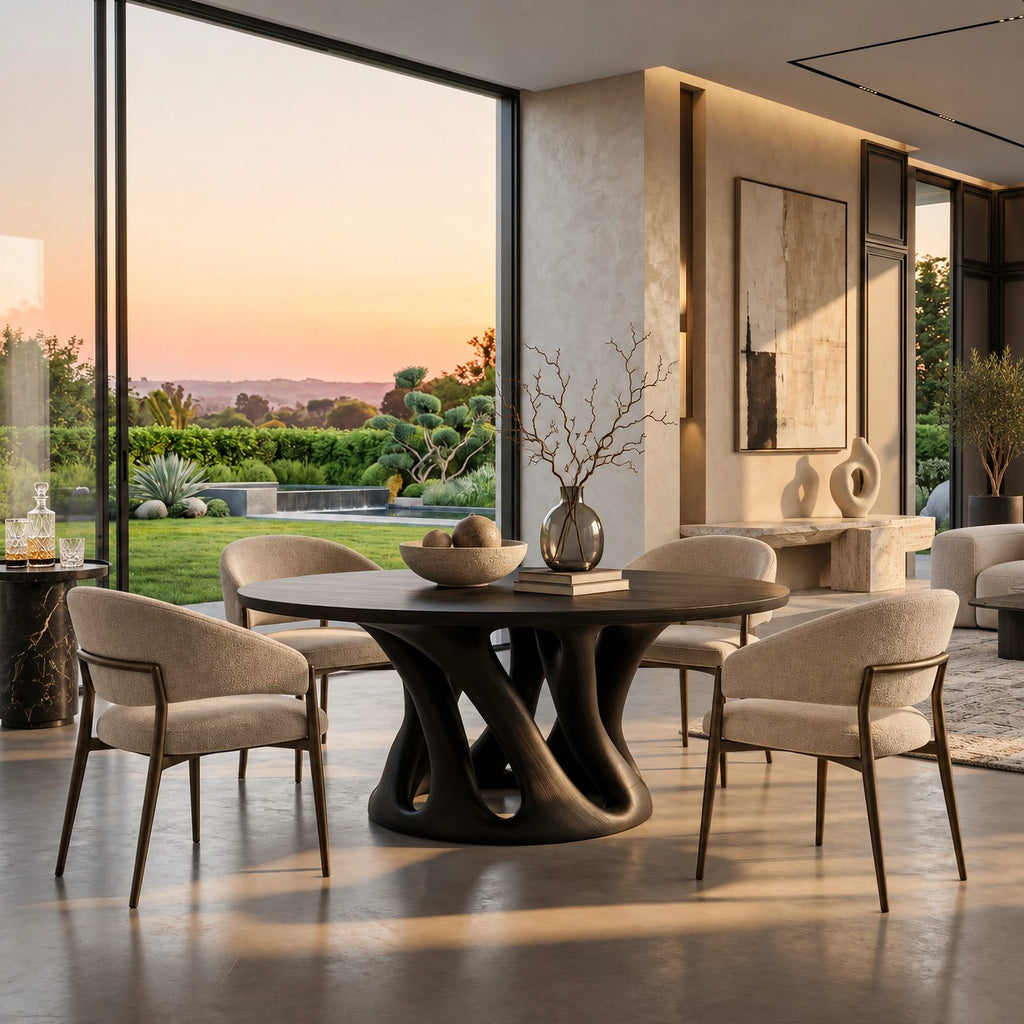 Sculptural Round Dining Table With Carved Pedestal Base For Dining Room