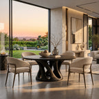 Sculptural Round Dining Table With Carved Pedestal Base For Dining Room