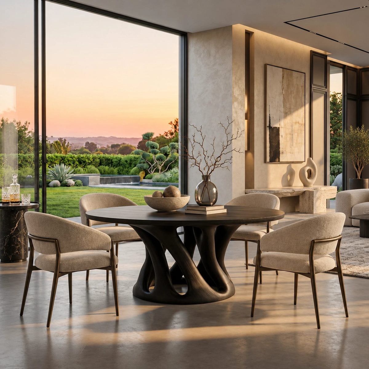 Sculptural Round Dining Table With Carved Pedestal Base For Dining Room
