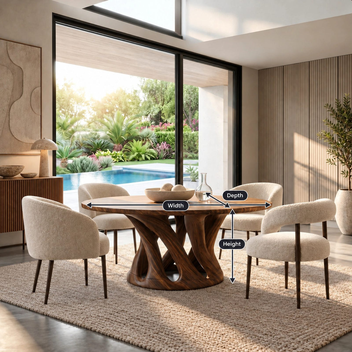 Sculptural Round Dining Table With Carved Pedestal Base For Dining Room