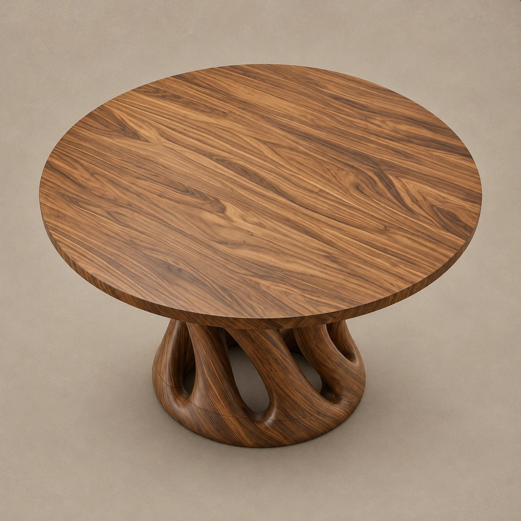 Sculptural Round Dining Table With Carved Pedestal Base For Dining Room