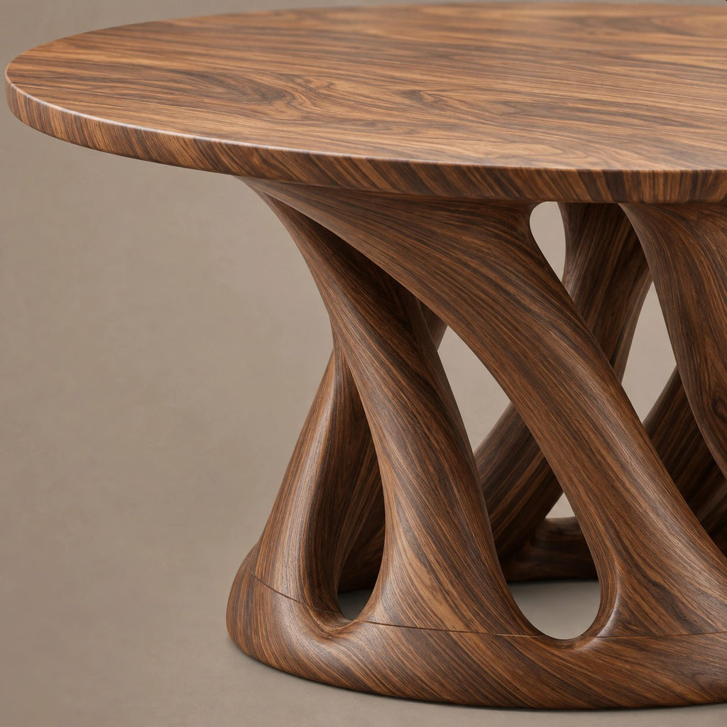 Sculptural Round Dining Table With Carved Pedestal Base For Dining Room