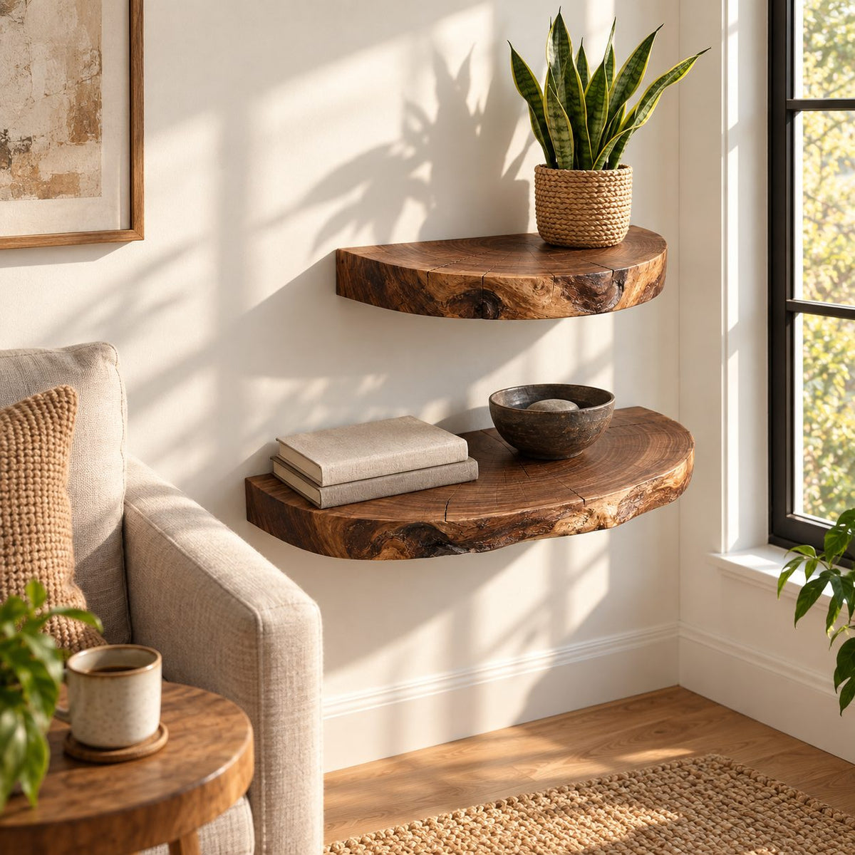 Half Round Floating Shelf, Tree Trunk Slice Solid Wood Wall Shelf with Natural Bark Edge