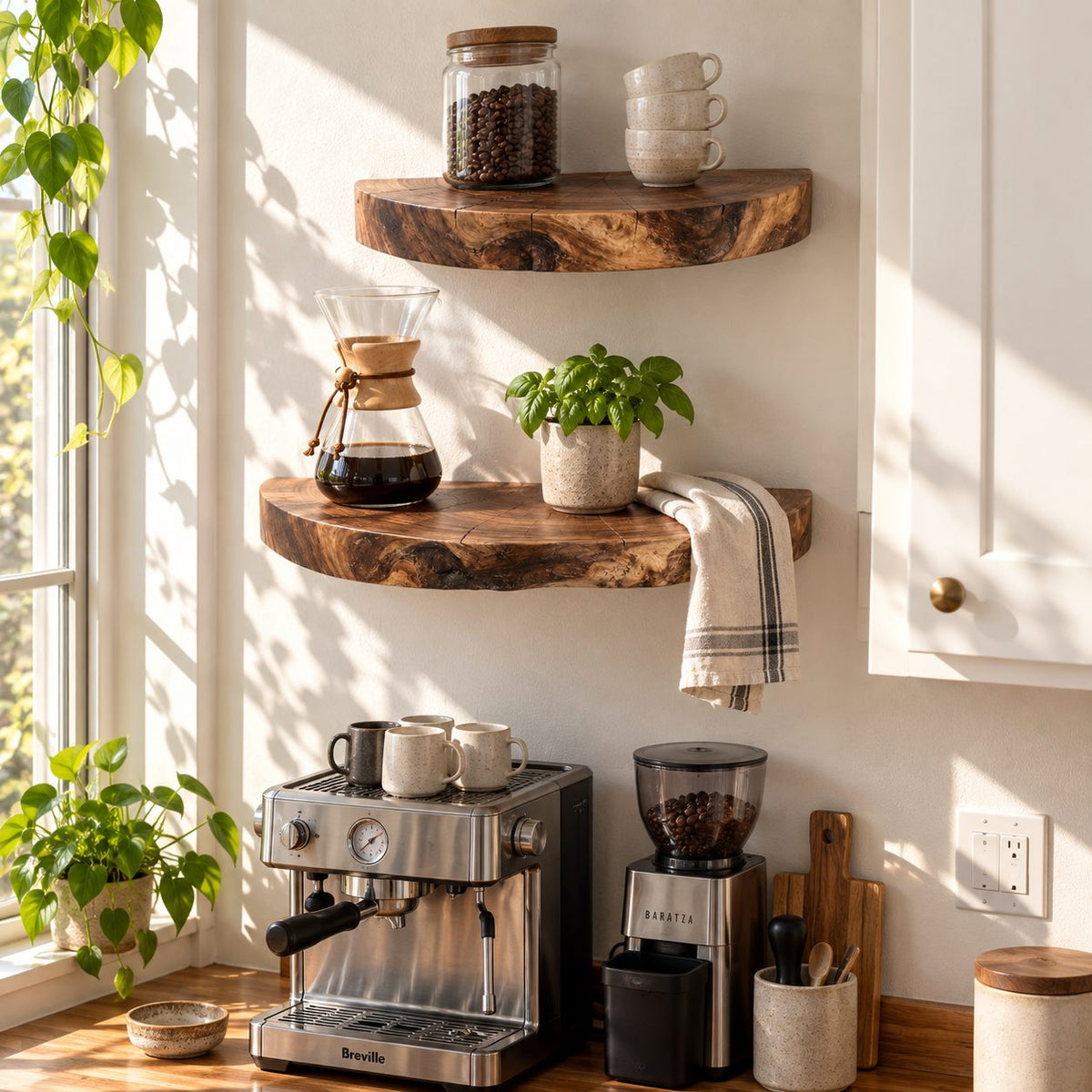 Half Round Floating Shelf, Tree Trunk Slice Solid Wood Wall Shelf with Natural Bark Edge