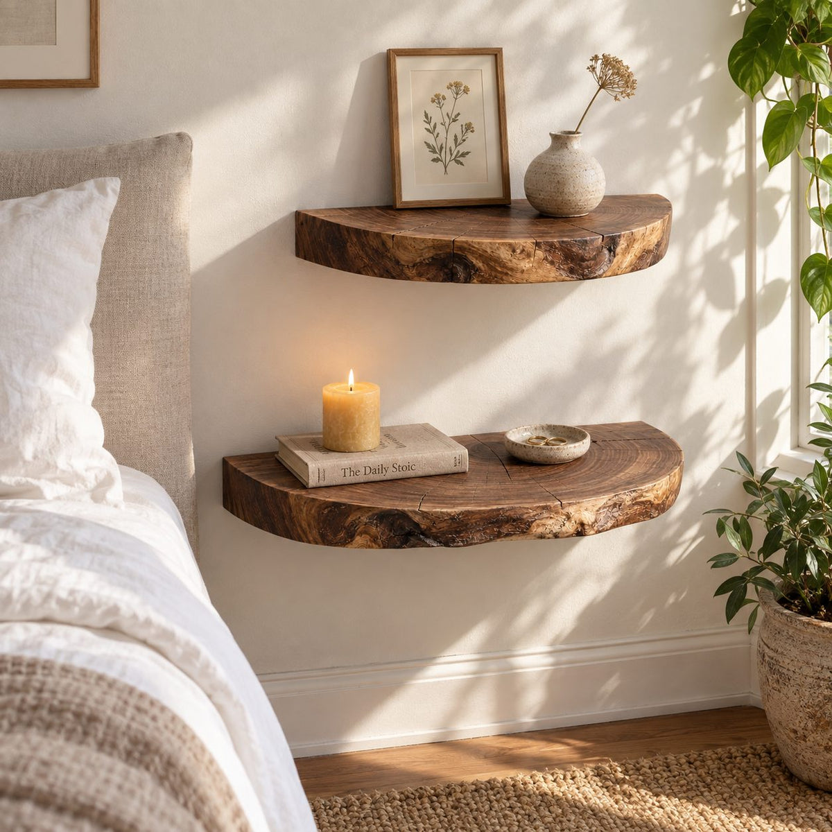 Half Round Floating Shelf, Tree Trunk Slice Solid Wood Wall Shelf with Natural Bark Edge