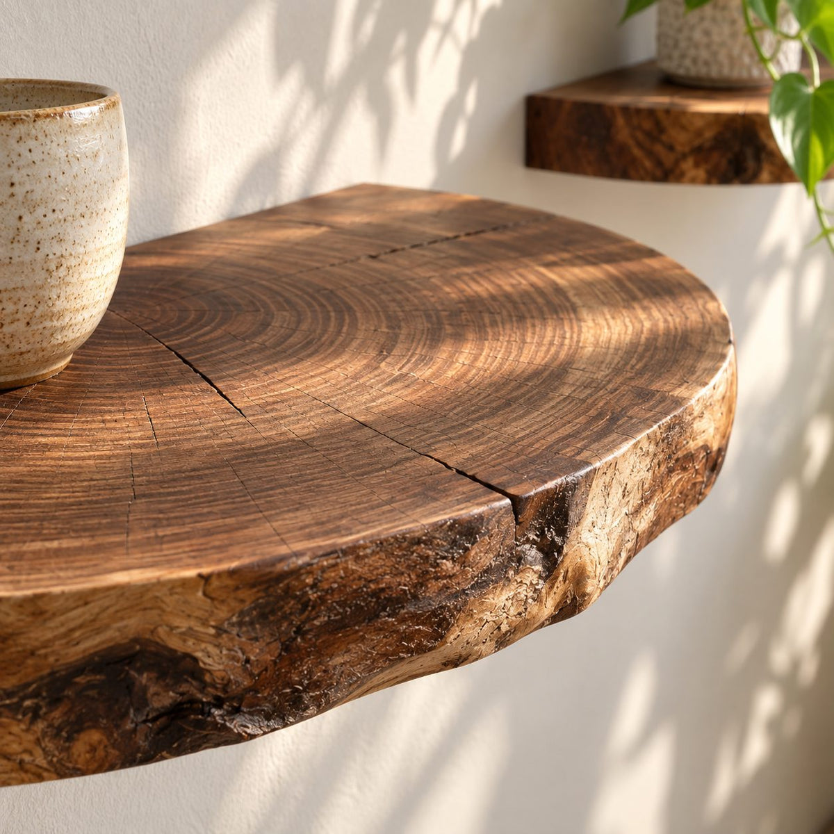 Half Round Floating Shelf, Tree Trunk Slice Solid Wood Wall Shelf with Natural Bark Edge