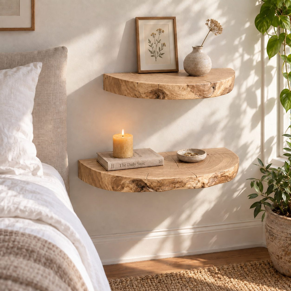 Half Round Floating Shelf, Tree Trunk Slice Solid Wood Wall Shelf with Natural Bark Edge
