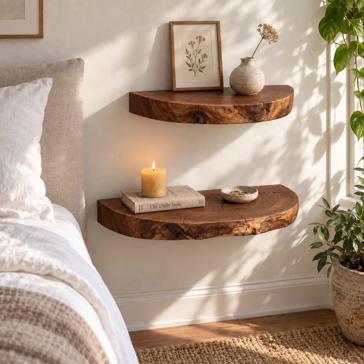 Half Round Floating Shelf, Tree Trunk Slice Solid Wood Wall Shelf with Natural Bark Edge