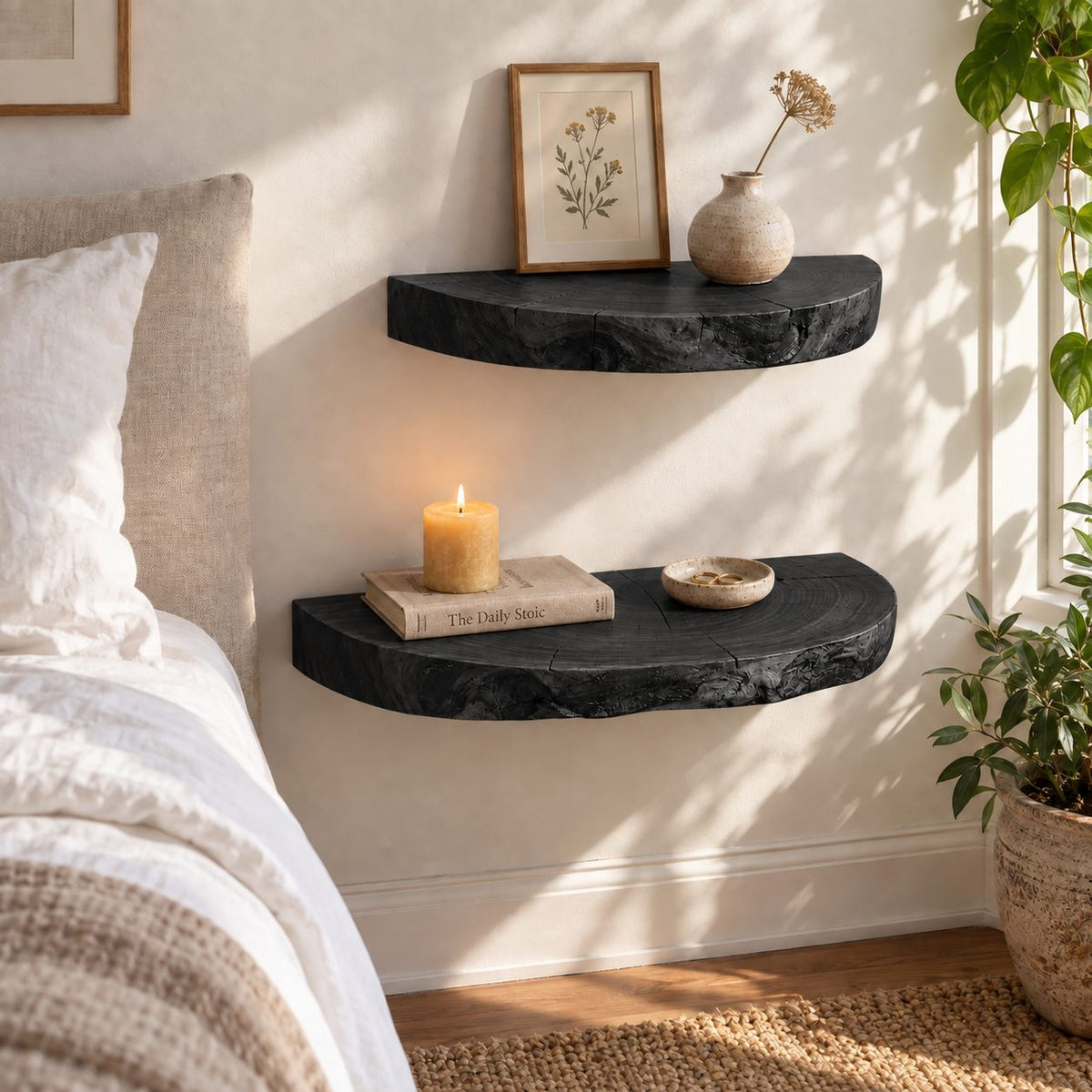 Half Round Floating Shelf, Tree Trunk Slice Solid Wood Wall Shelf with Natural Bark Edge