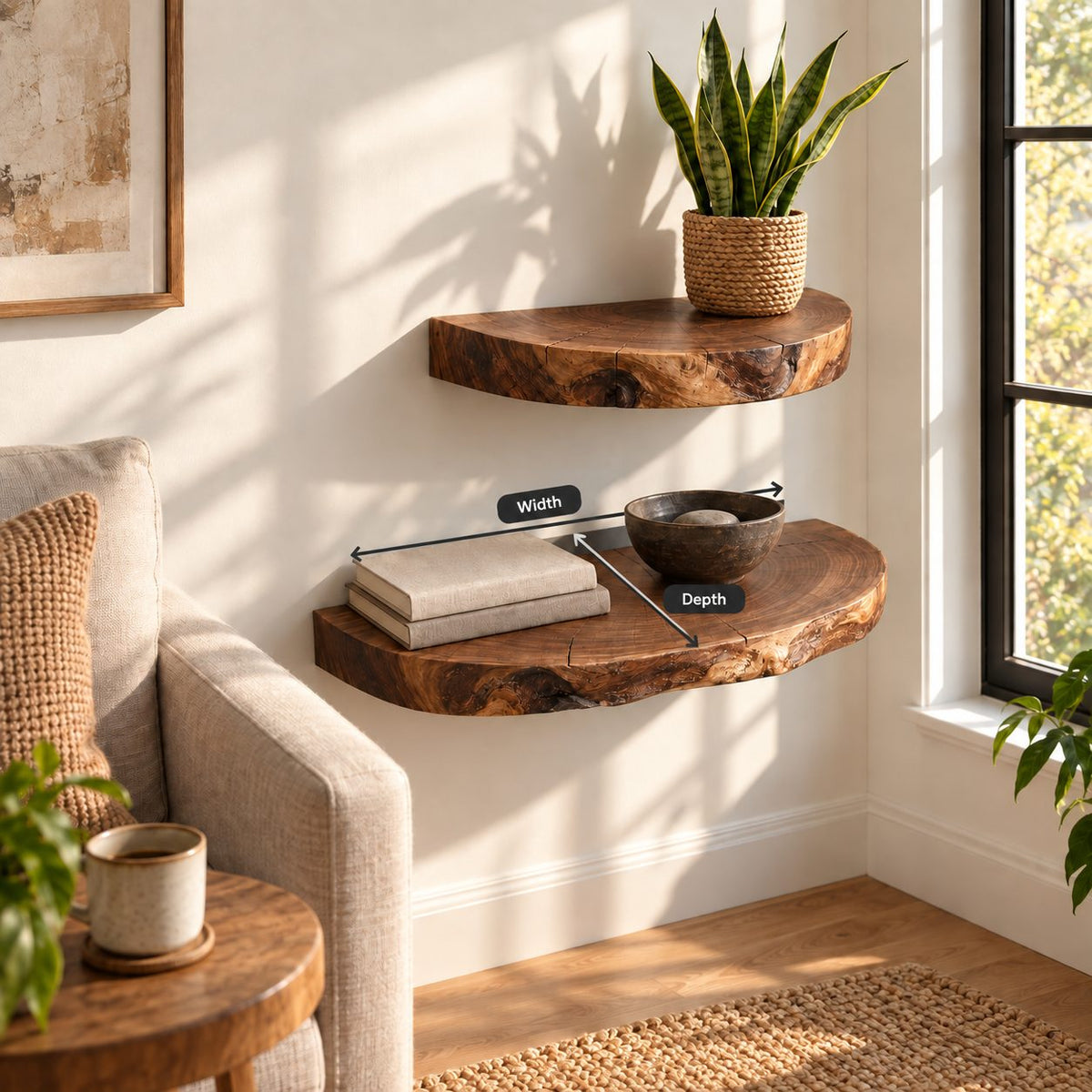 Half Round Floating Shelf, Tree Trunk Slice Solid Wood Wall Shelf with Natural Bark Edge
