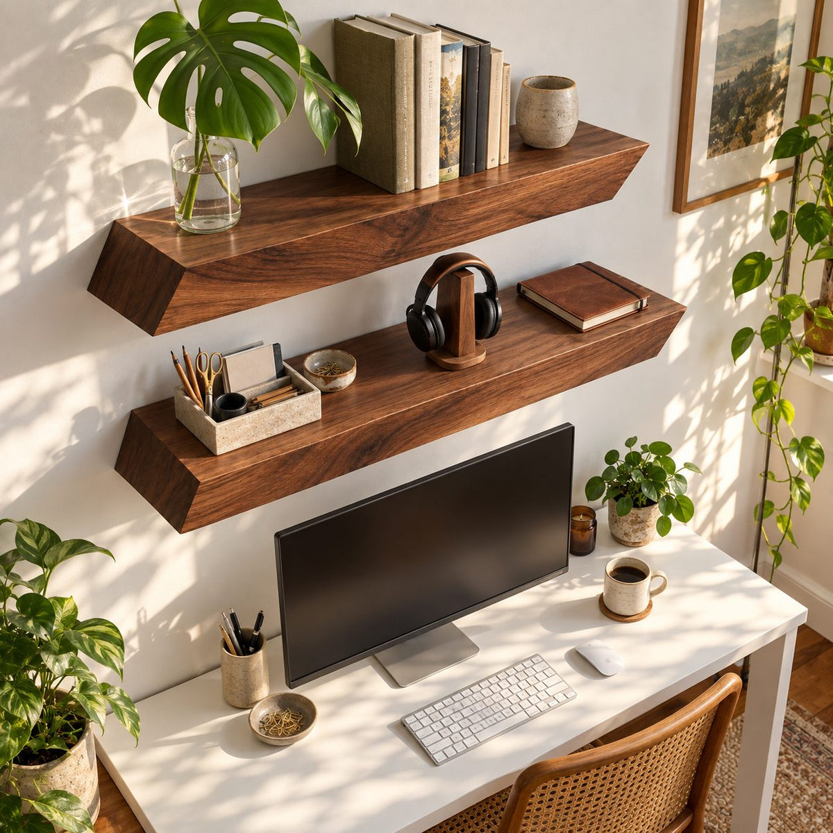 Modern Floating Shelf with Angled Ends, Thick Solid Wood Wall Shelf for Kitchen or Office