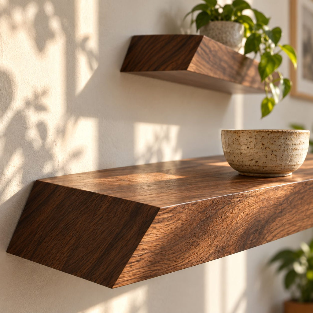 Modern Floating Shelf with Angled Ends, Thick Solid Wood Wall Shelf for Kitchen or Office
