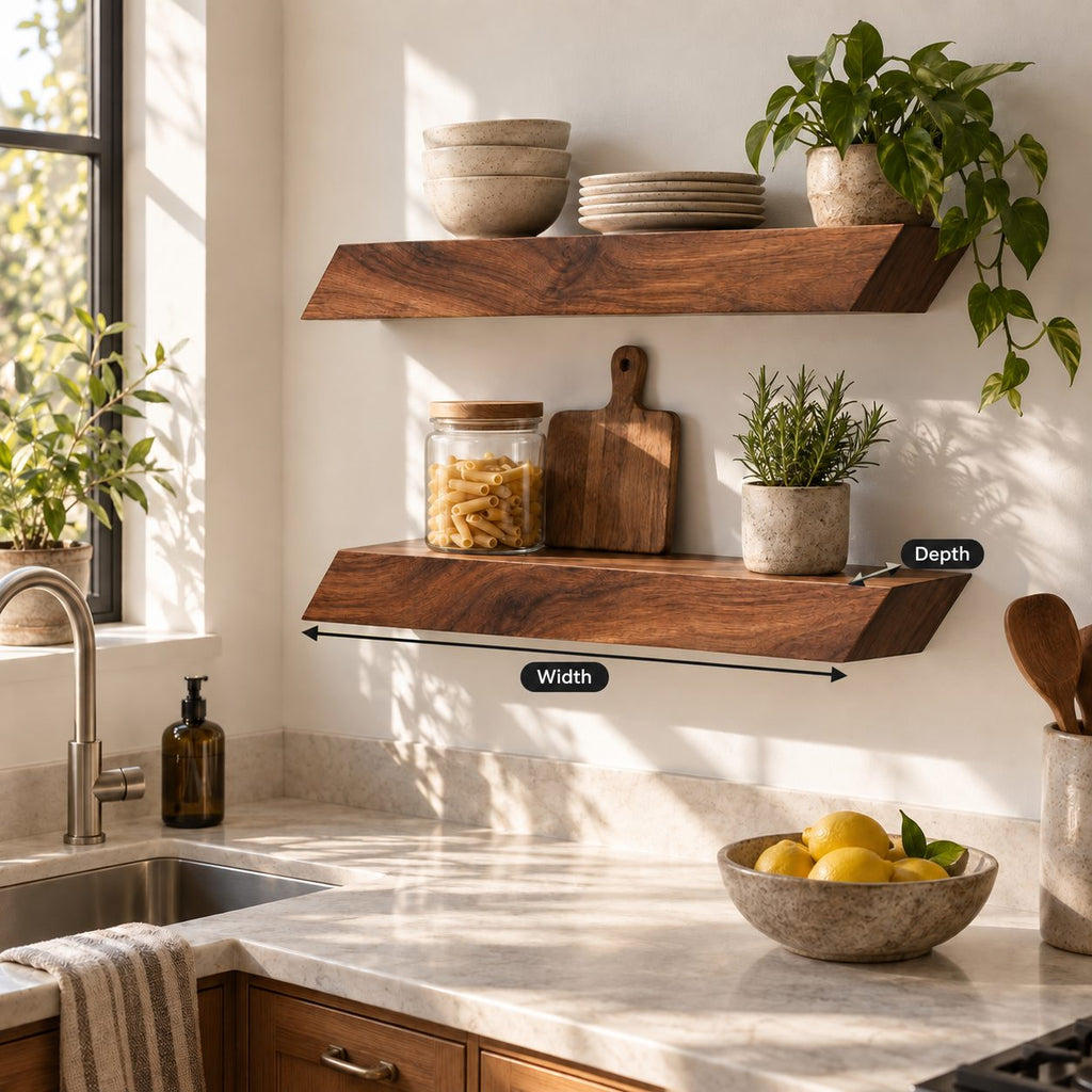 Modern Floating Shelf with Angled Ends, Thick Solid Wood Wall Shelf for Kitchen or Office