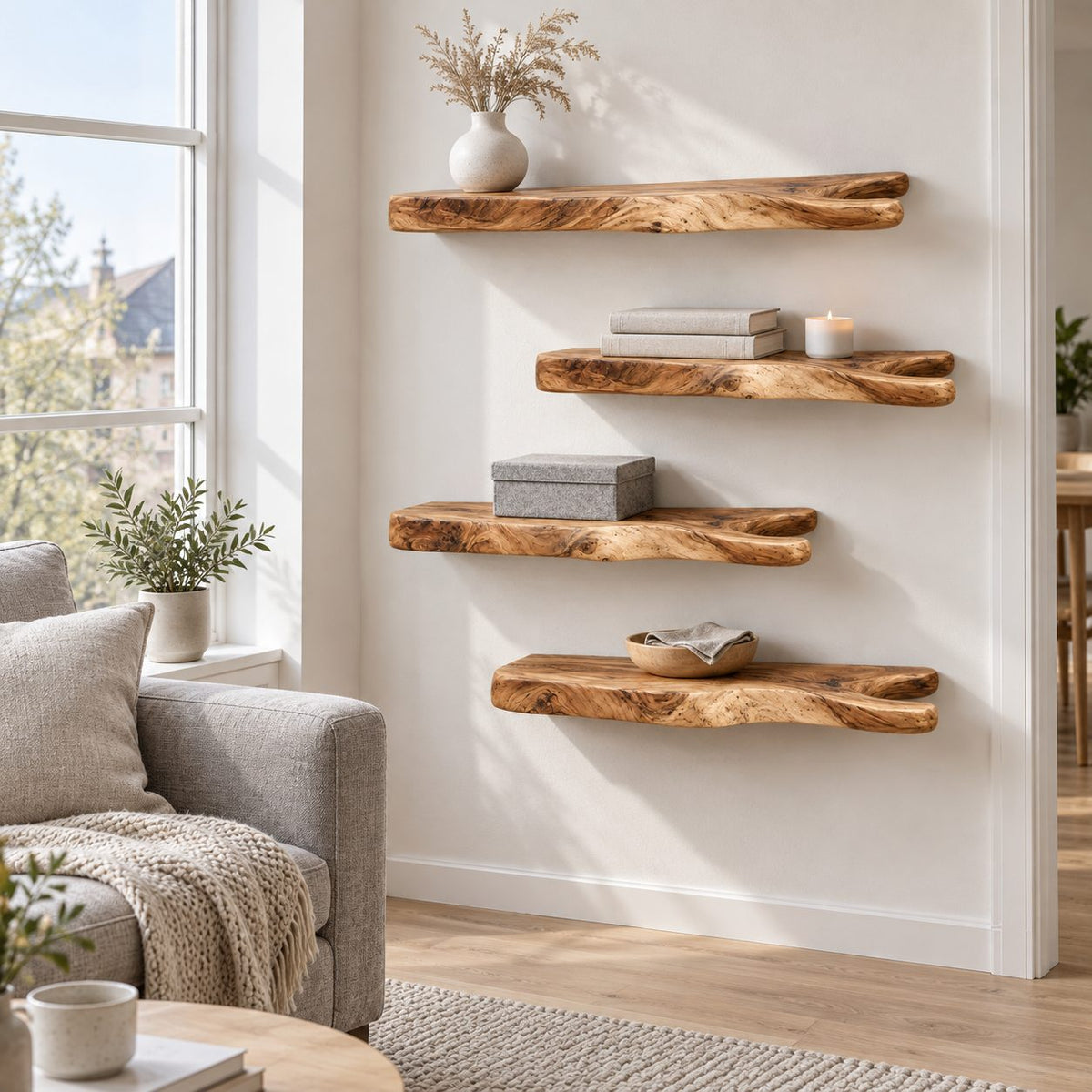 Rustic Branch Floating Shelf, Live Edge Solid Wood Wall Shelf with Forked Natural End