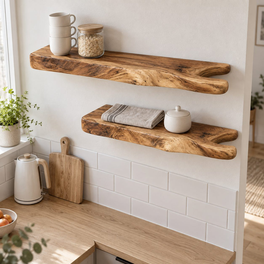 Rustic Branch Floating Shelf, Live Edge Solid Wood Wall Shelf with Forked Natural End