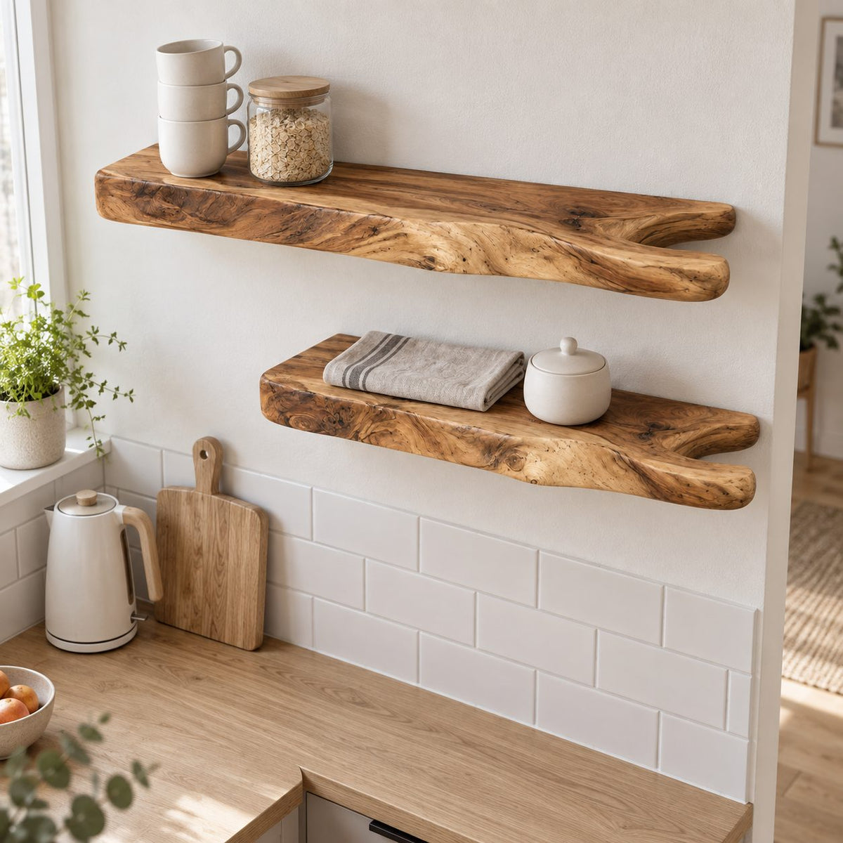 Rustic Branch Floating Shelf, Live Edge Solid Wood Wall Shelf with Forked Natural End