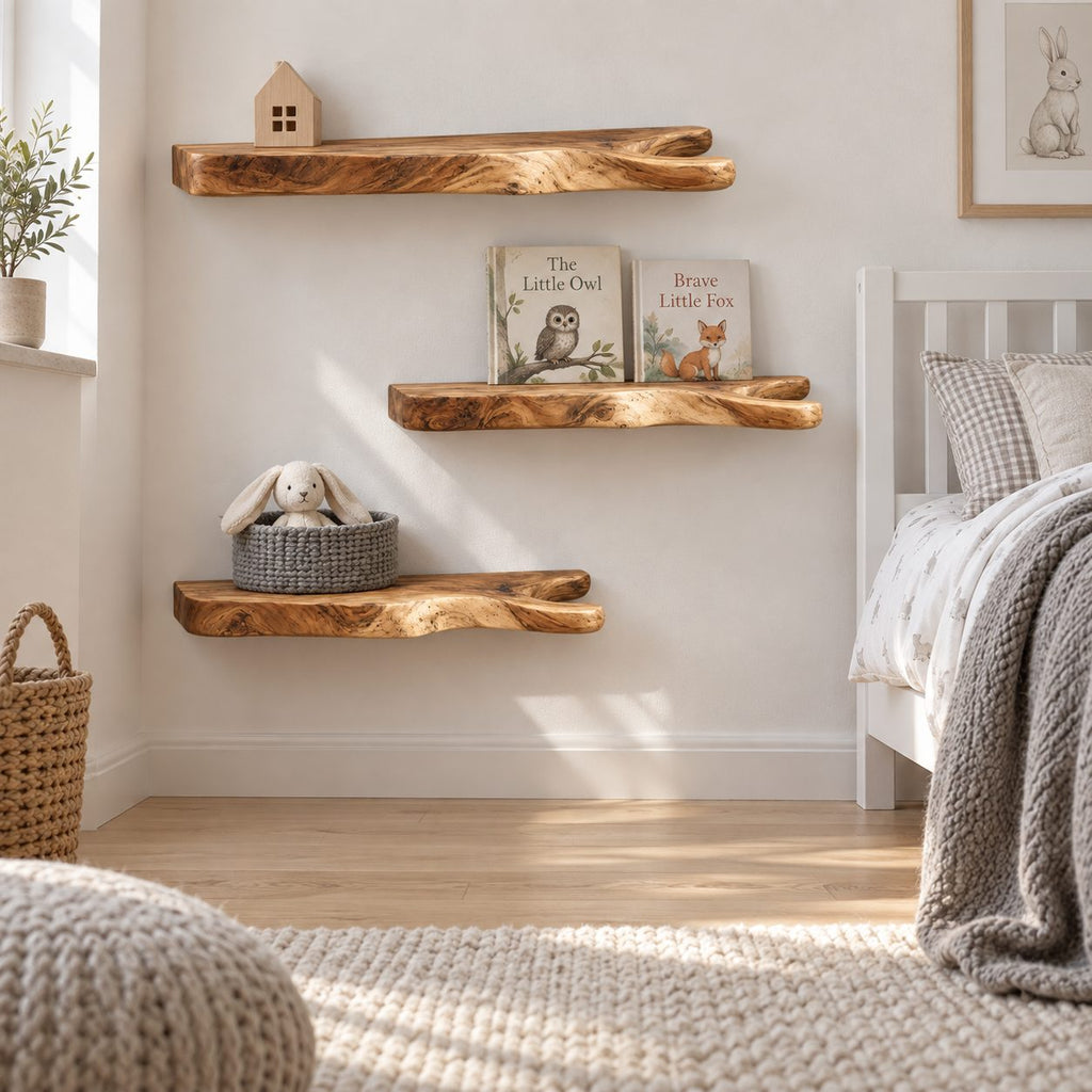 Rustic Branch Floating Shelf, Live Edge Solid Wood Wall Shelf with Forked Natural End