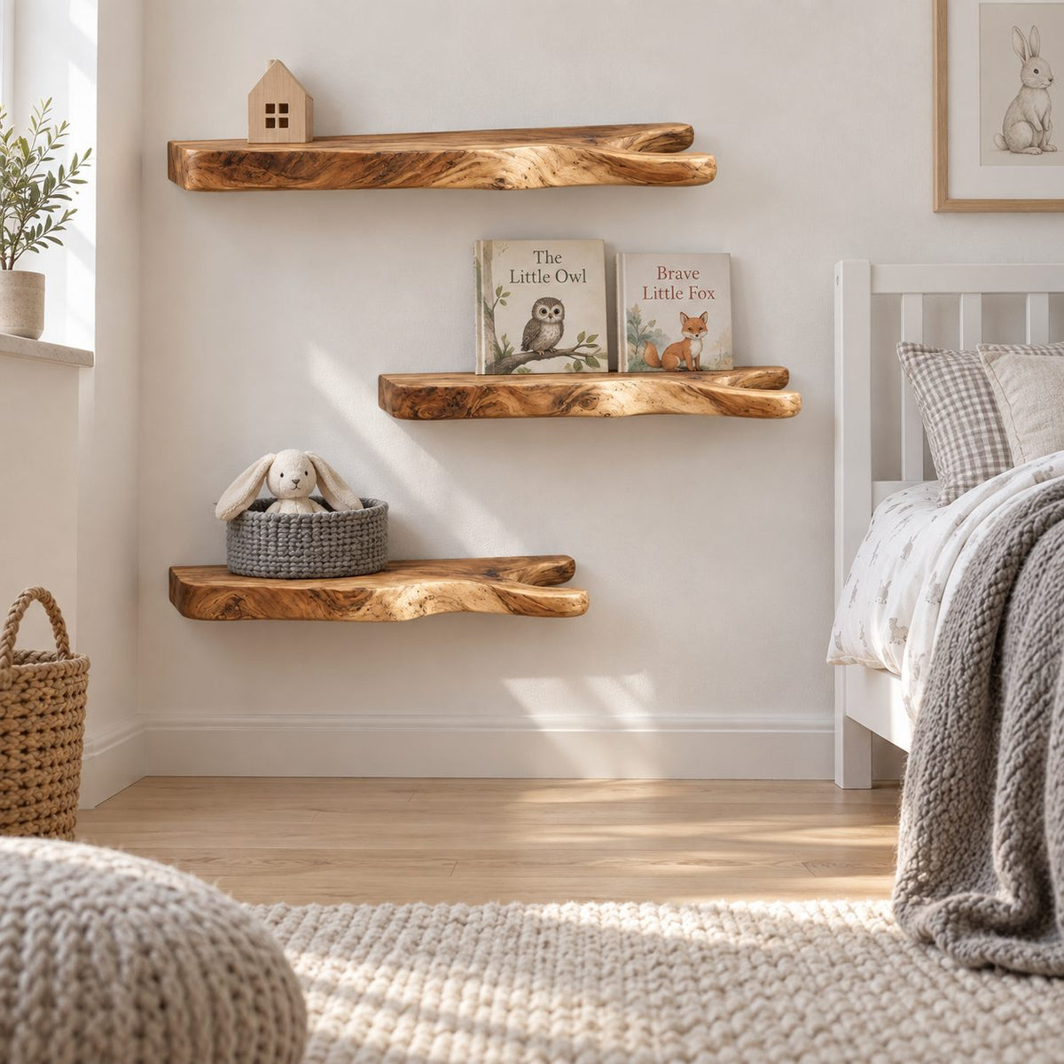 Rustic Branch Floating Shelf, Live Edge Solid Wood Wall Shelf with Forked Natural End