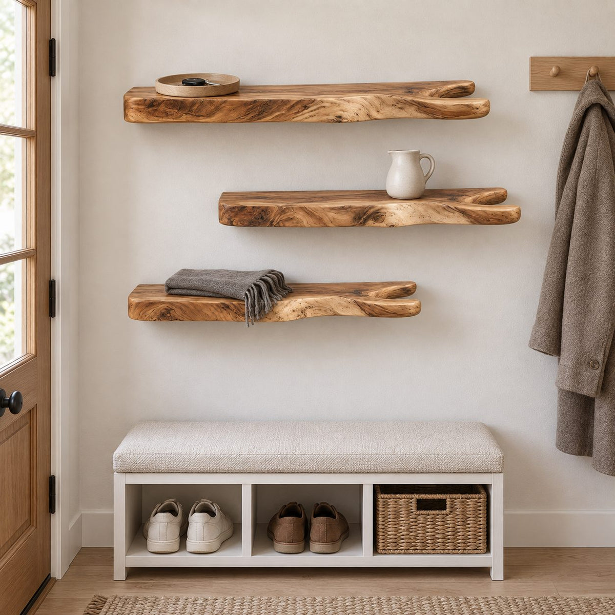 Rustic Branch Floating Shelf, Live Edge Solid Wood Wall Shelf with Forked Natural End