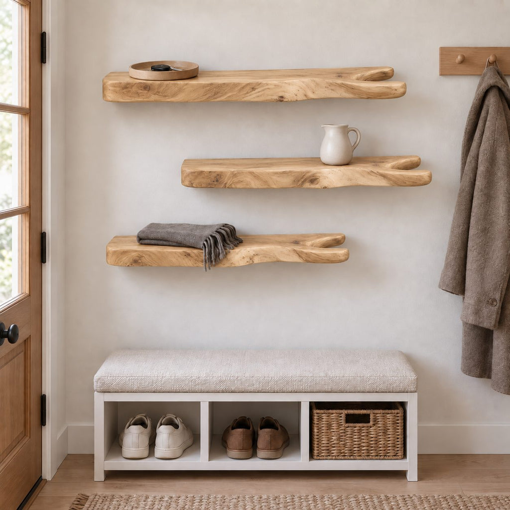 Rustic Branch Floating Shelf, Live Edge Solid Wood Wall Shelf with Forked Natural End