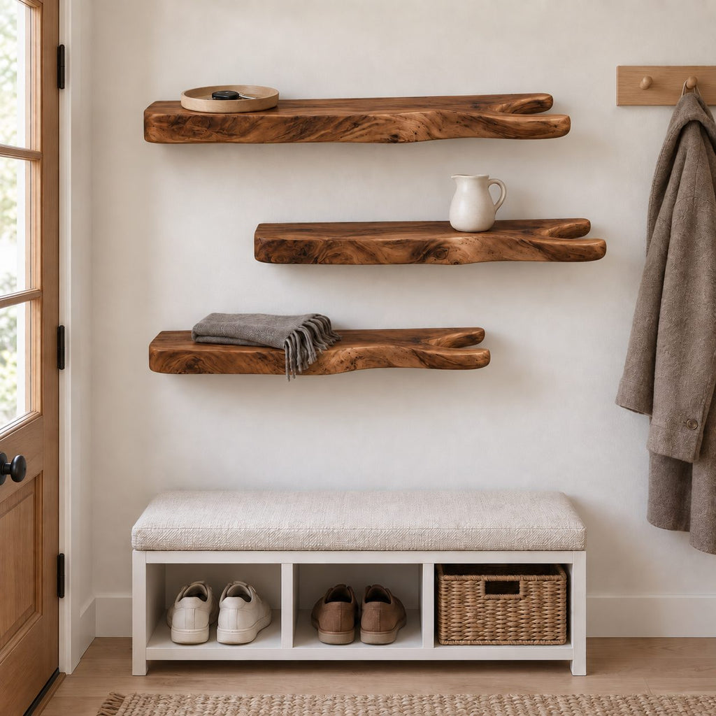 Rustic Branch Floating Shelf, Live Edge Solid Wood Wall Shelf with Forked Natural End