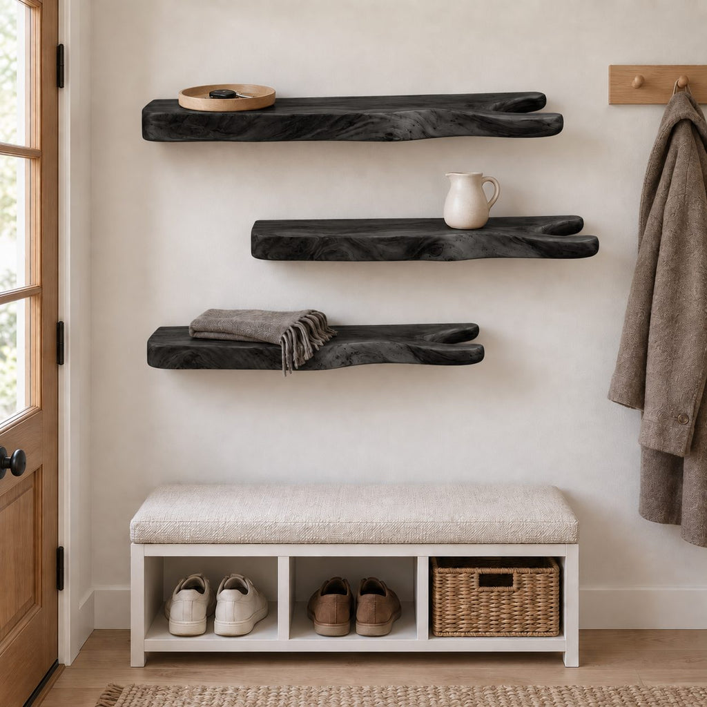Rustic Branch Floating Shelf, Live Edge Solid Wood Wall Shelf with Forked Natural End