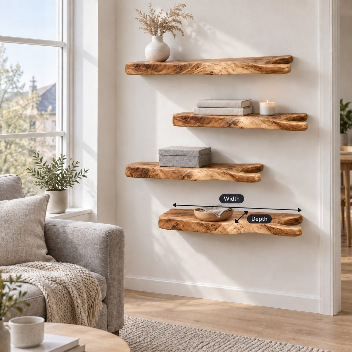 Rustic Branch Floating Shelf, Live Edge Solid Wood Wall Shelf with Forked Natural End