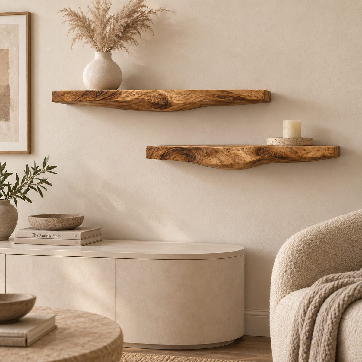 Sculptural Live Edge Wall Shelf, Carved Curved Underside Solid Wood Floating Shelf