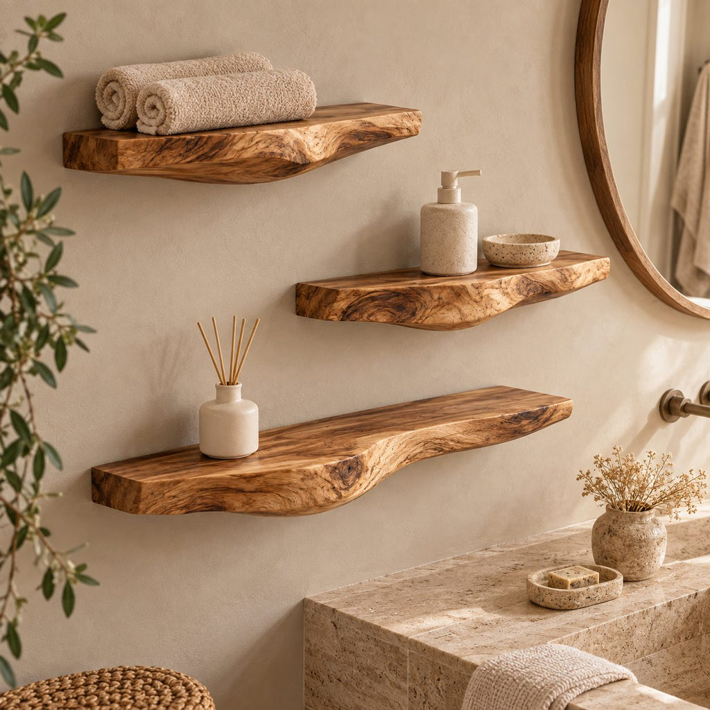Sculptural Live Edge Wall Shelf, Carved Curved Underside Solid Wood Floating Shelf