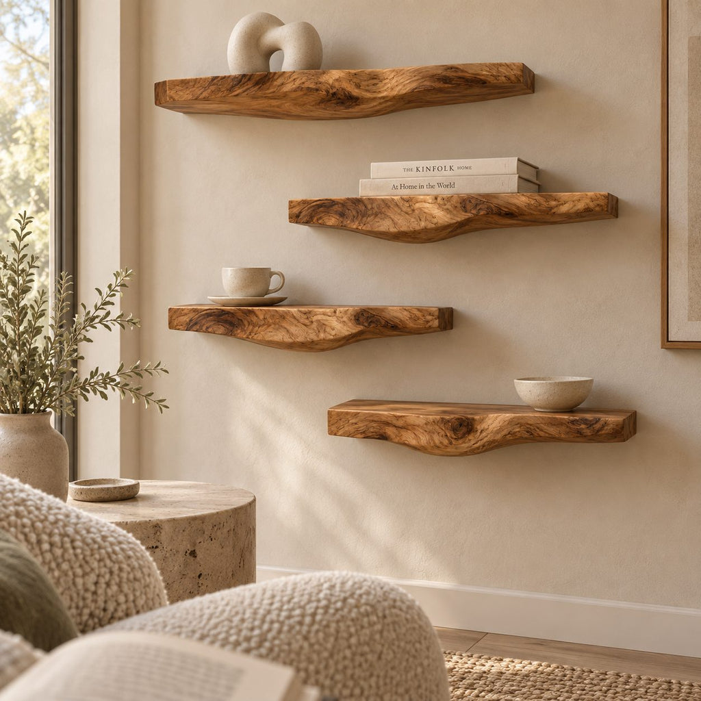 Sculptural Live Edge Wall Shelf, Carved Curved Underside Solid Wood Floating Shelf