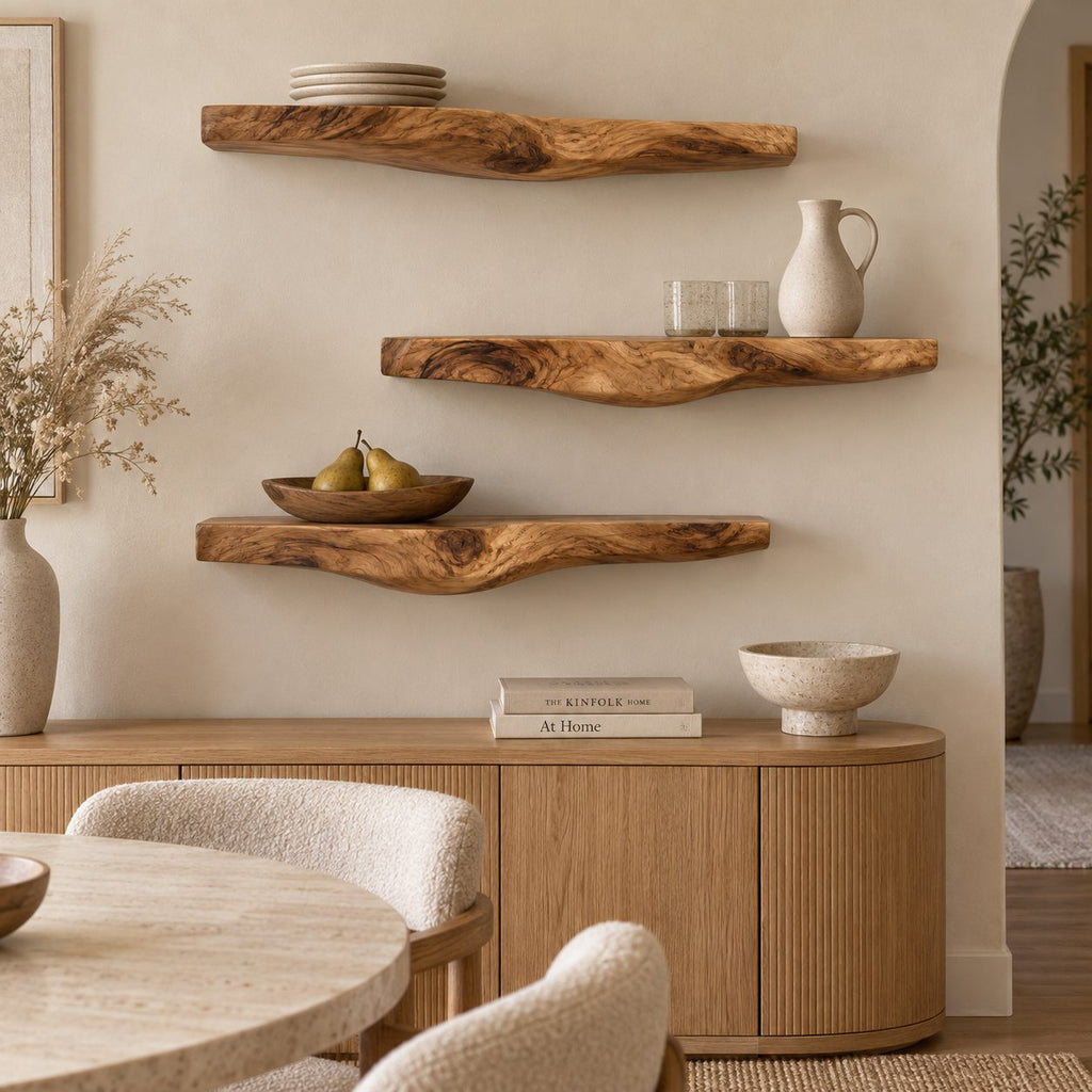 Sculptural Live Edge Wall Shelf, Carved Curved Underside Solid Wood Floating Shelf