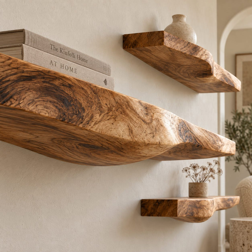 Sculptural Live Edge Wall Shelf, Carved Curved Underside Solid Wood Floating Shelf