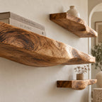 Sculptural Live Edge Wall Shelf, Carved Curved Underside Solid Wood Floating Shelf